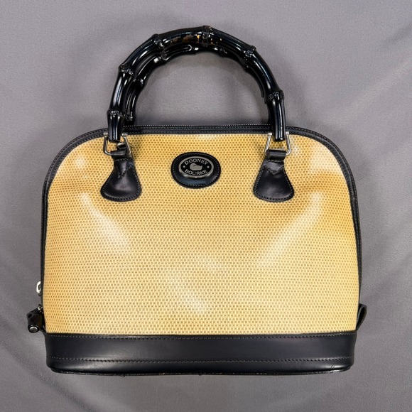 Dooney & Bourke Handbags - Dooney & Bourke Bamboo Handle Dome Satchel Straw Leather Tan Black Medium Silver